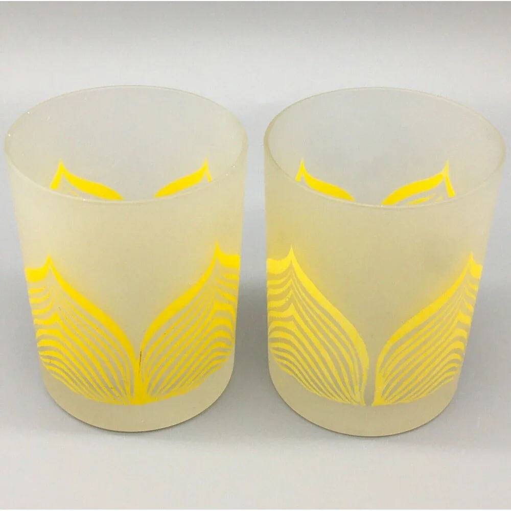 Vintage Georges Briard Low Ball Old Fashion Glasses MCM Pair Frost Clear Yellow